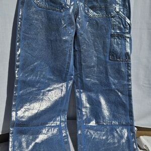 Fashion Nova Magic Metallic Coated Blue Jeans Straight Legs Sz 7 See Pictures